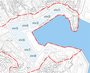 気仙沼の港湾の８つの人造水域の地図